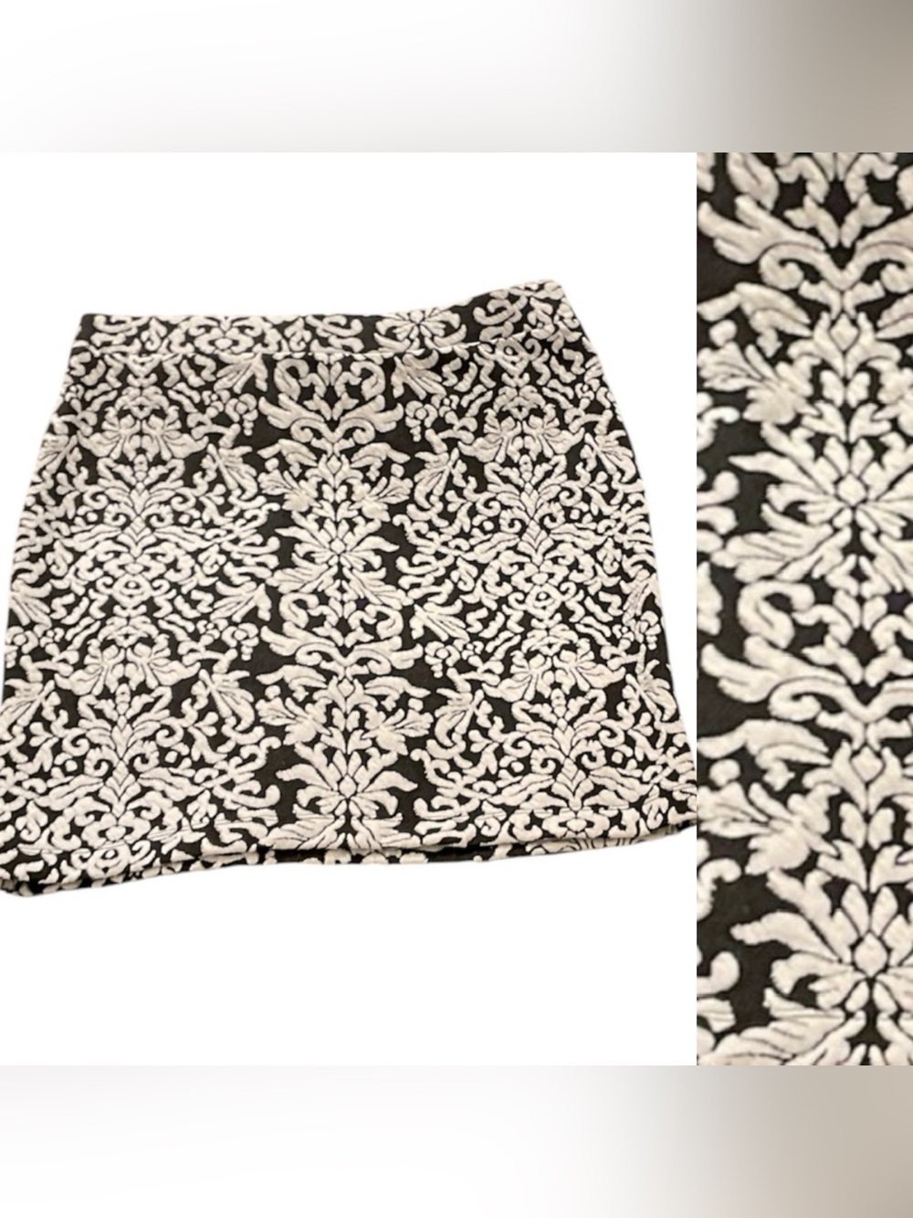 ANN TAYLOR LOFT Mini Skirt Black and White Damask Size Medium Stretchy Elegant